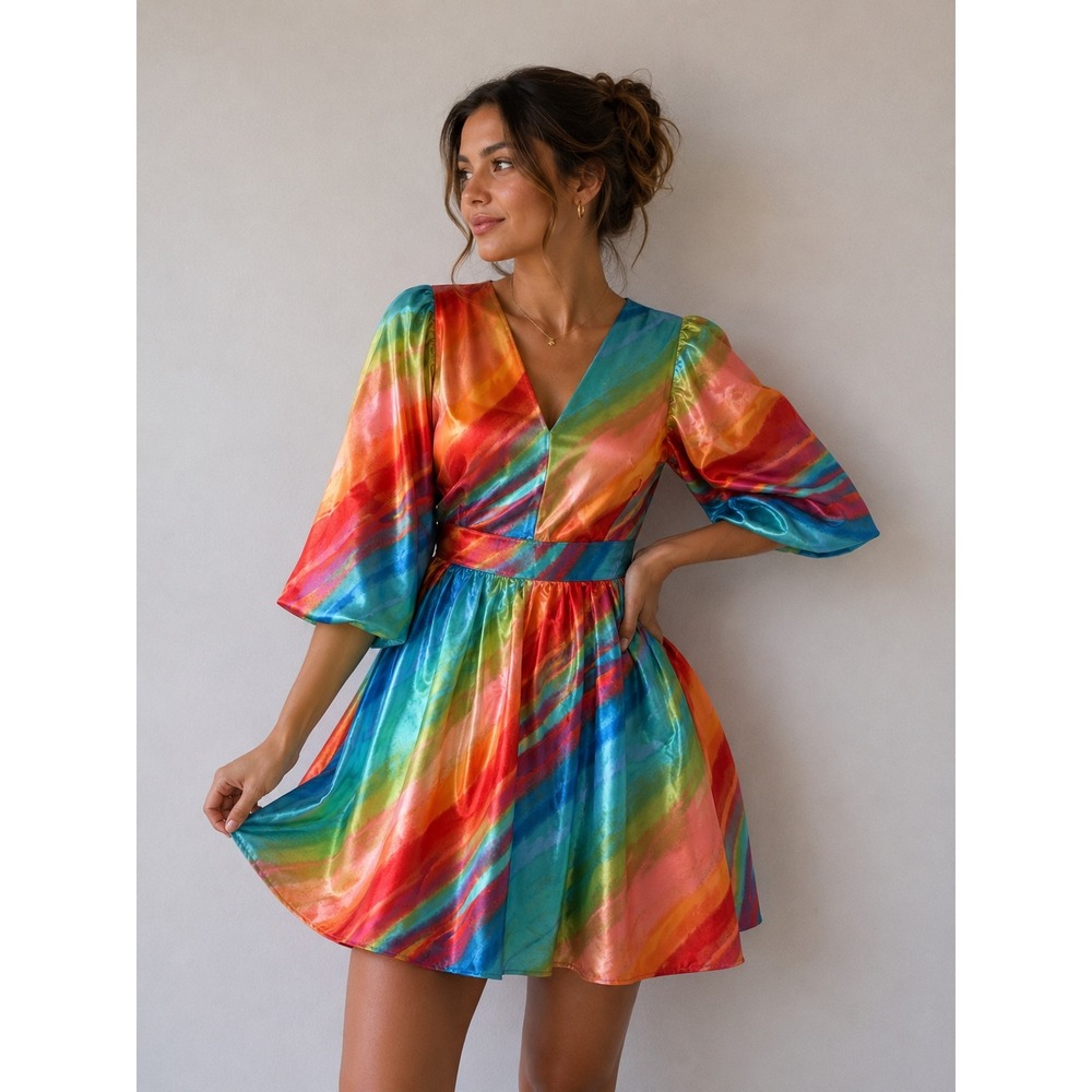 New York & Company Rainbow Stripe Puff Sleeve Mini Dress XS Multi Color V-Neck